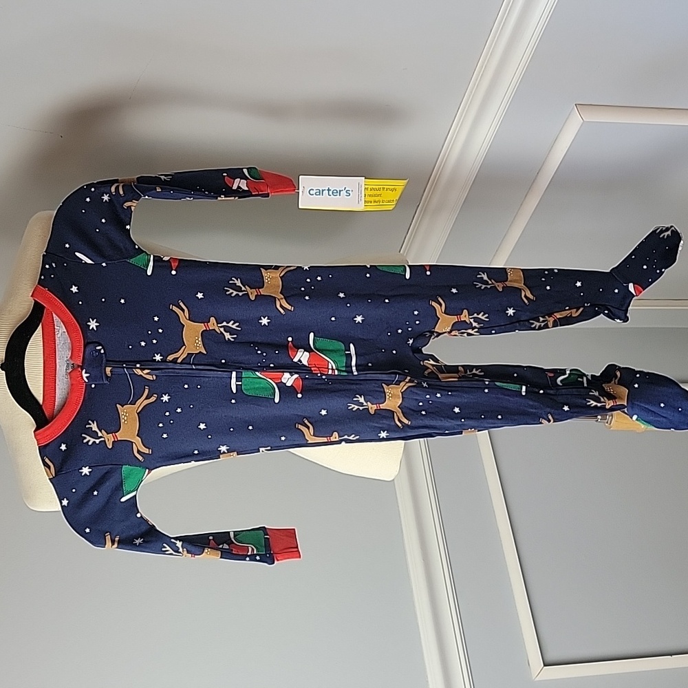 CARTER'S Santa Reindeer Christmas Holiday One Piece Full Zip Footed Pajamas NEW